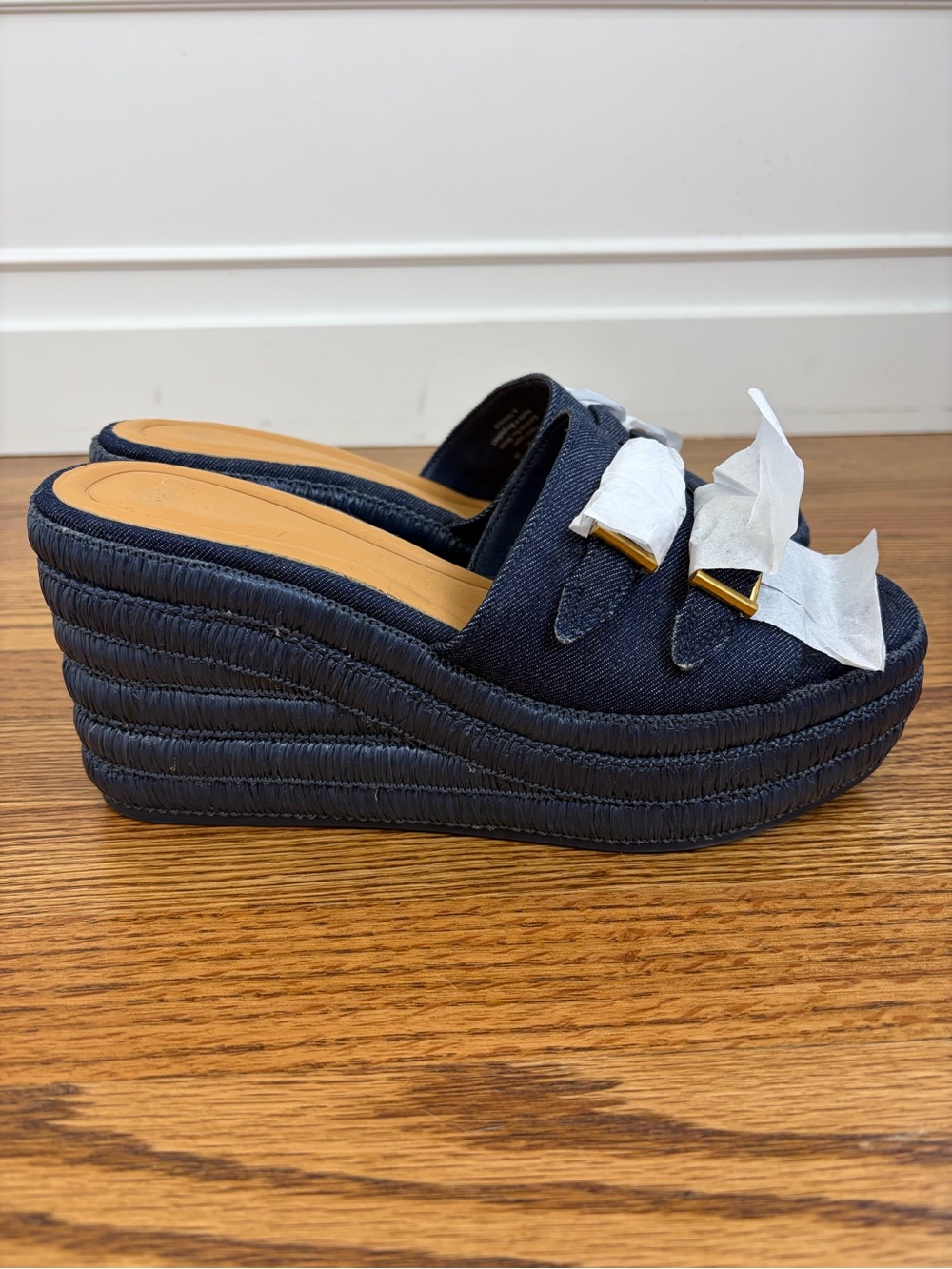 NEW SARTO Torino Wedge Platform Slide Sandal in Dark Denim (10)
